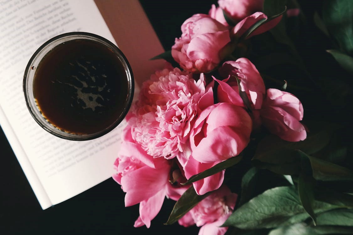 couple of Peonies beside a cup on book